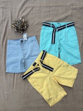 3-Pack Kids Cotton Shorts Set with Striped Belt - Yellow, Light Blue, Aqua 6/7/8